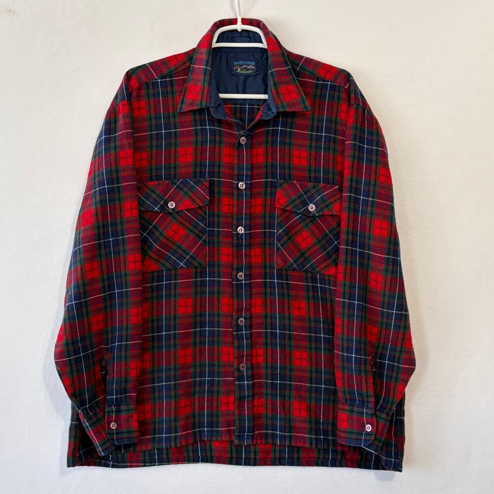 Vintage Korean Flannel Shirt XL Red Black Green Plaid Button Down Cottage